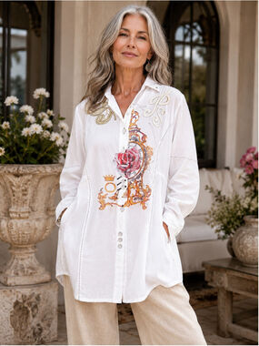 Parsley & Sage Women M Blouse Embroidered Button Up Art to Wear Lagenlook White